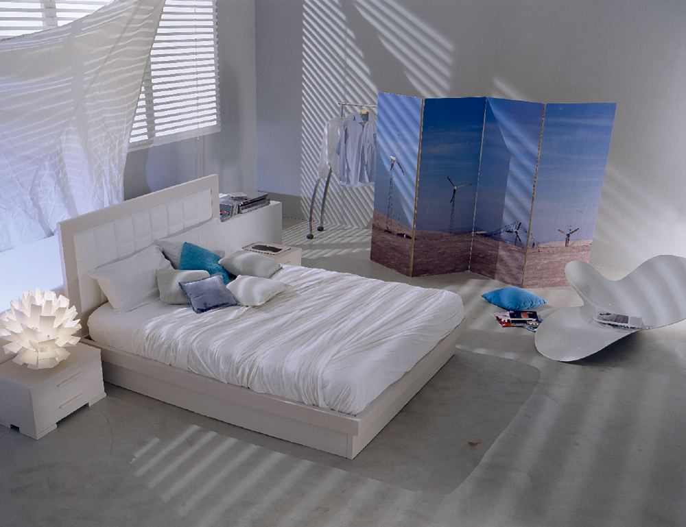Domino bed with built in storage and with upholstered headboard with white leather