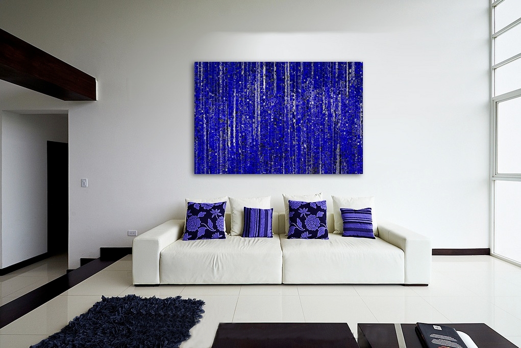 Entrancing-Cool-Blue-Abstract-Artistic-Wall-Decor-Painting-In-White-Modern-Living-Room-With-Cozy-Sofa-And-Purple-Black-Decorative-Cushions-Wall-Coverings-Modern-Colorful-Wall-Art-Home-Decor-Paintings