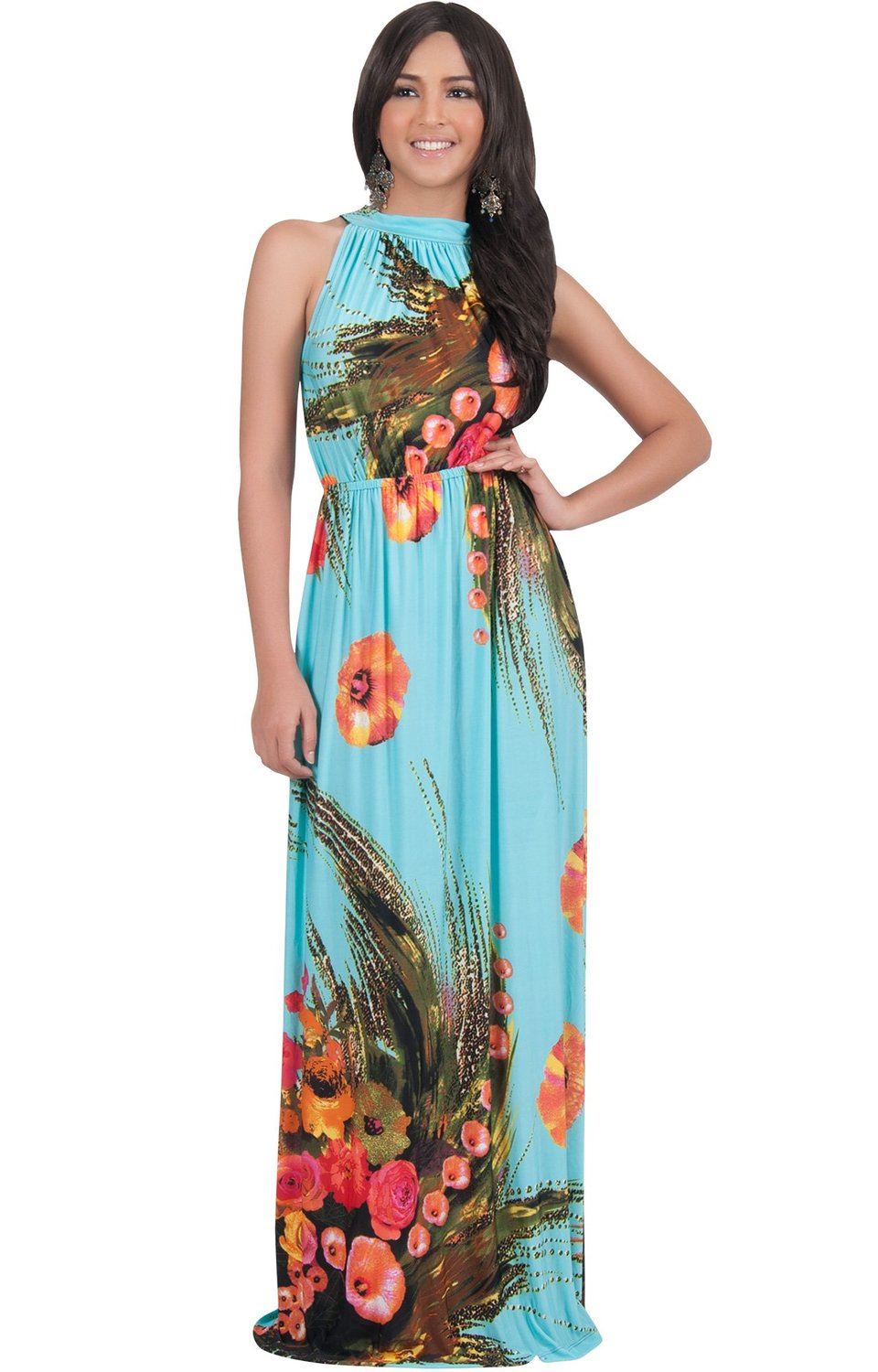 Koh Koh Women's Sleeveless Summer Halter Neck Floral Print Maxi Dress