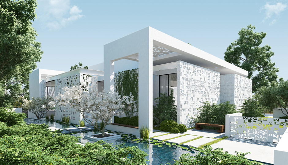 amazing-zen-garden-small-modern-single-house-design-with-white-exterior-color-decorating-ideas-ponds-and-sakura-tree