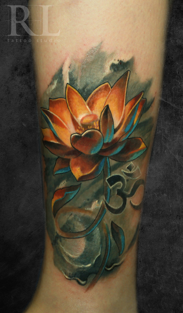 om-symbol-and-lotus-tattoo-on-leg-sleeve
