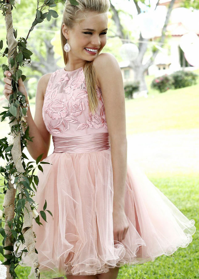 2014 Sleeveless Lace Floral Top Short Pink Tulle Prom Dress