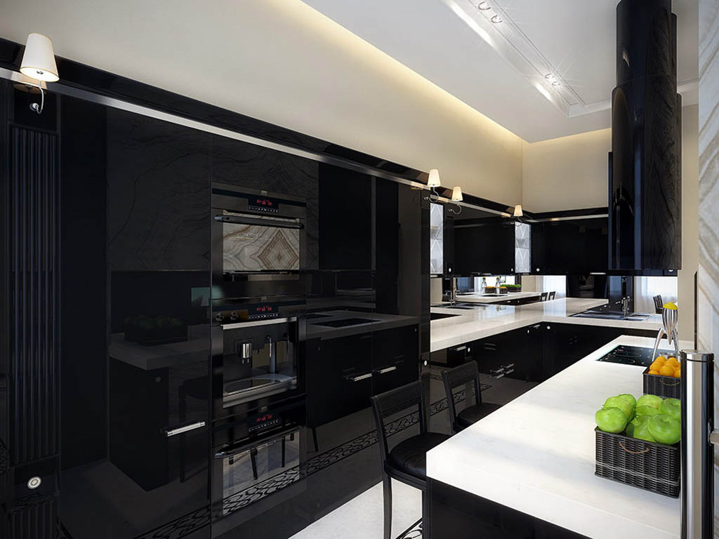 Amazing-Contemporary-Kitchen-Design-with-Elegant-Black-Cabinets-and-Bar-and-Looks-Matching-Combined-with-White-Countertops-and-Black-Bar-Stools