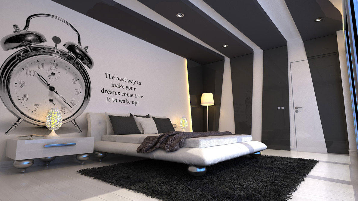 Bedroom-Design-Gallery-Inspiration-with-Big-Oclock-Wall-Decoration-with-Black-Carpet-and-Beautiful-Design-Interior