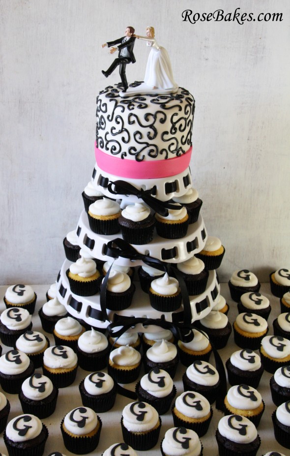 Black-Hot-Pink-Wedding-Cake-Cupcake-Tower-with-Monogram