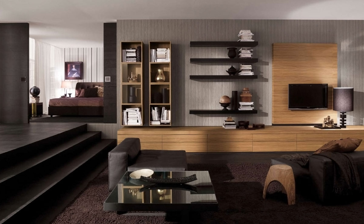 Comely-elegant-contemporary-living-room-ideas-with-grey-sofa-sets-and-unique-high-flooring-black-decor-as-well-as-chic-wall-decor-completed-wooden-style