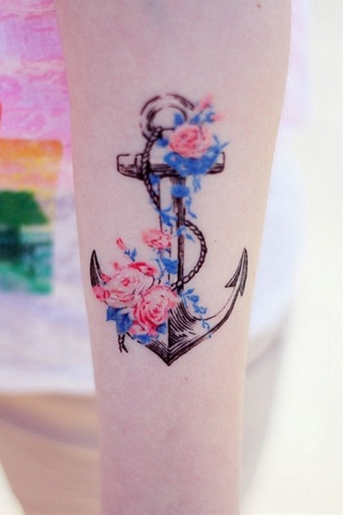 Cool Anchor and Flower Tattoo Designs for Women Arm
