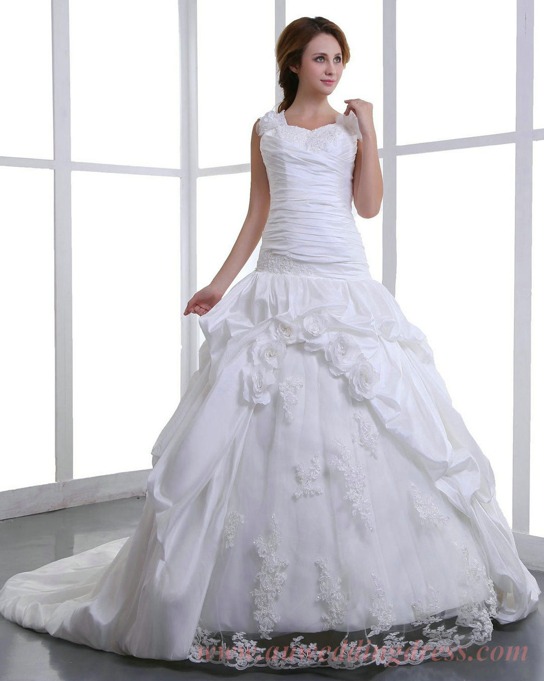 Flowers Straps Lace and Satin White Plus Size Bridal Ball Gowns