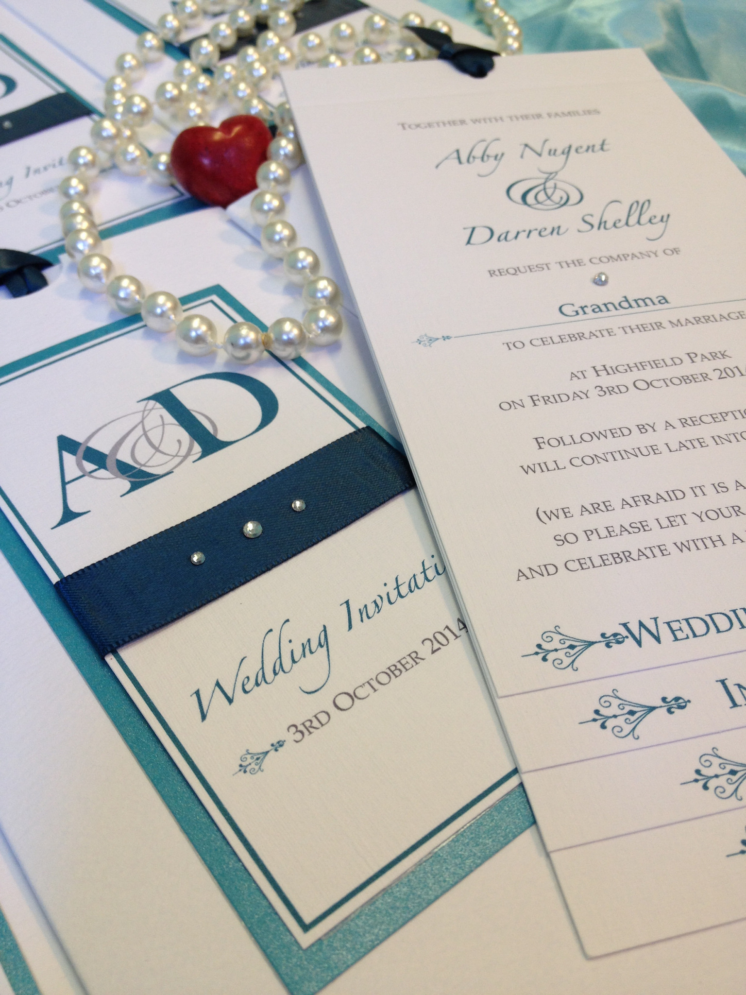 Luxury bespoke teal pocket wedding invitation