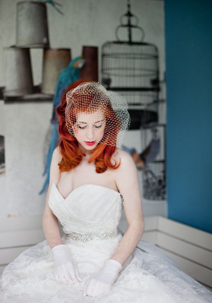 Red haired bride and birdcage Veil with 40's hair and makeup
