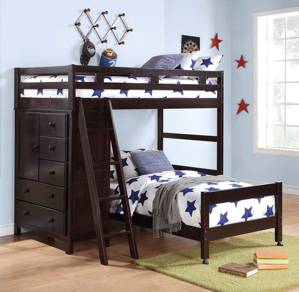Stunning-dark-cherry-bunk-bed-design-inspiration-with-cool-built-in-drawer-unit-underneath-for-small-kids-room-solution-fascinate-Bunk-Beds-for-small-children-with-a-space-saving-concept