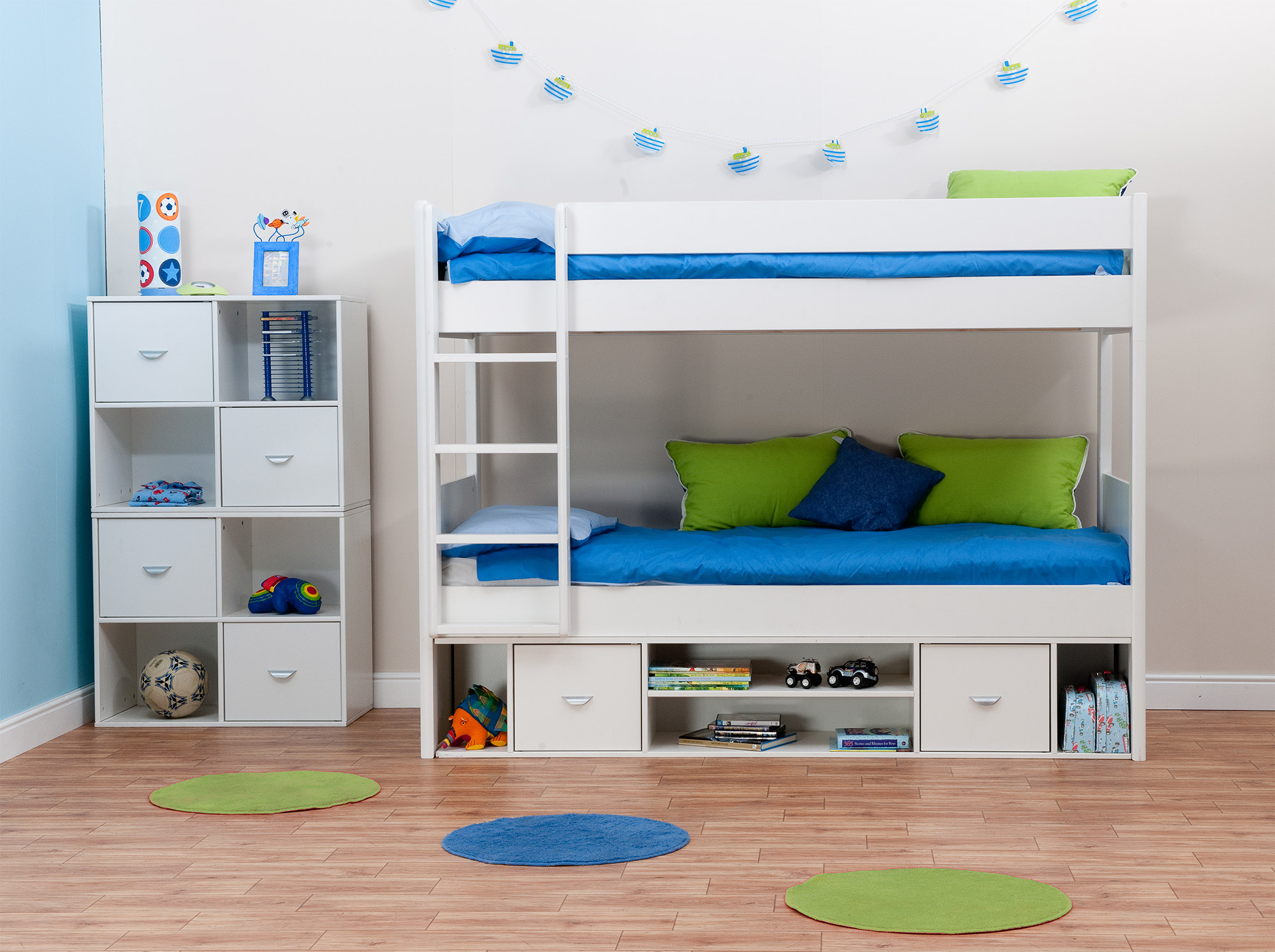 bedroom-modern-white-furniture-bunk-beds-for-small-spaces-design-with-blue-mattress-and-shelves-plus-wooden-laminate-floor-brilliant-beds-for-small-spaces-for-efficient-use-of-available