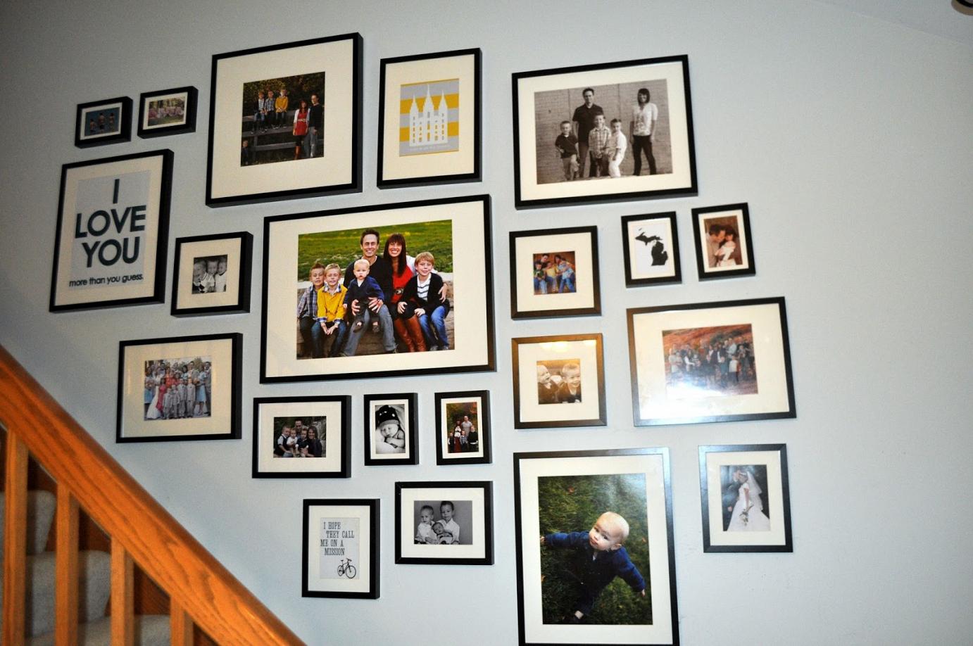 family-picture-hanging-ideas-for-hallway-staircase-design-with-black-frame-on-blue-wall-ideas