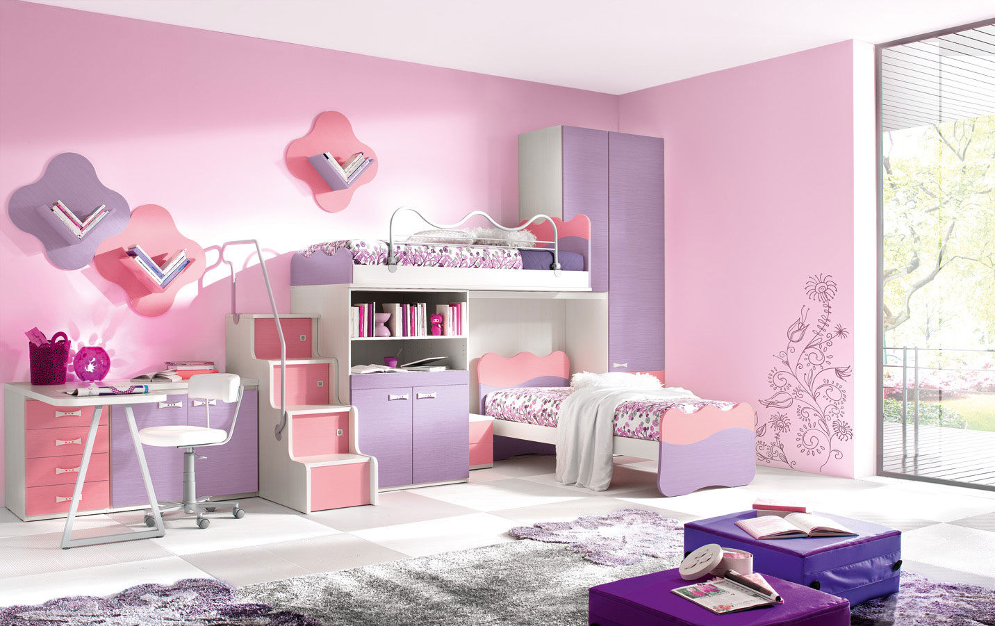 kid-bedroom-fetching-design-for-girl-bedroom-decoration-with-pink-bedroom-wall-along-with-pink-and-purple-bunk-bed-and-purple-wardrobe-fascinating-design-for-girl-bedroom-decoration
