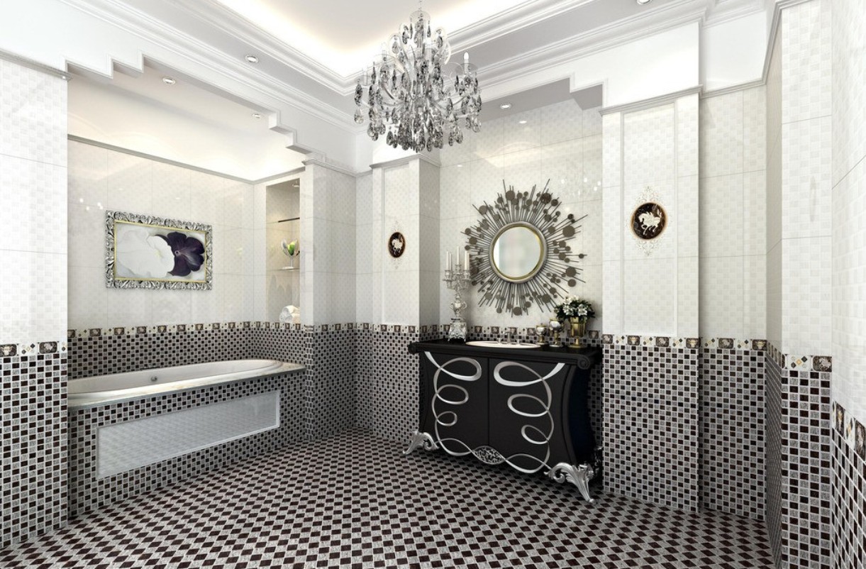 mosaic-black-and-white-bathroom-designs-with-carved-mirror-and-ceiling-lap-also-elegant-bath-up