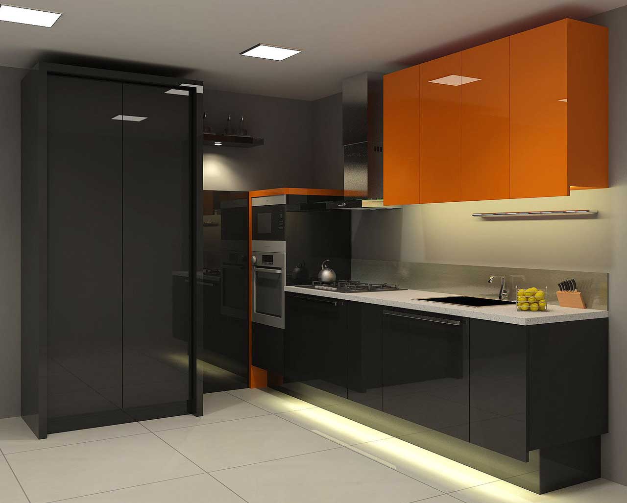 natural-black-kitchen-design-with-orange-cabinet-accent