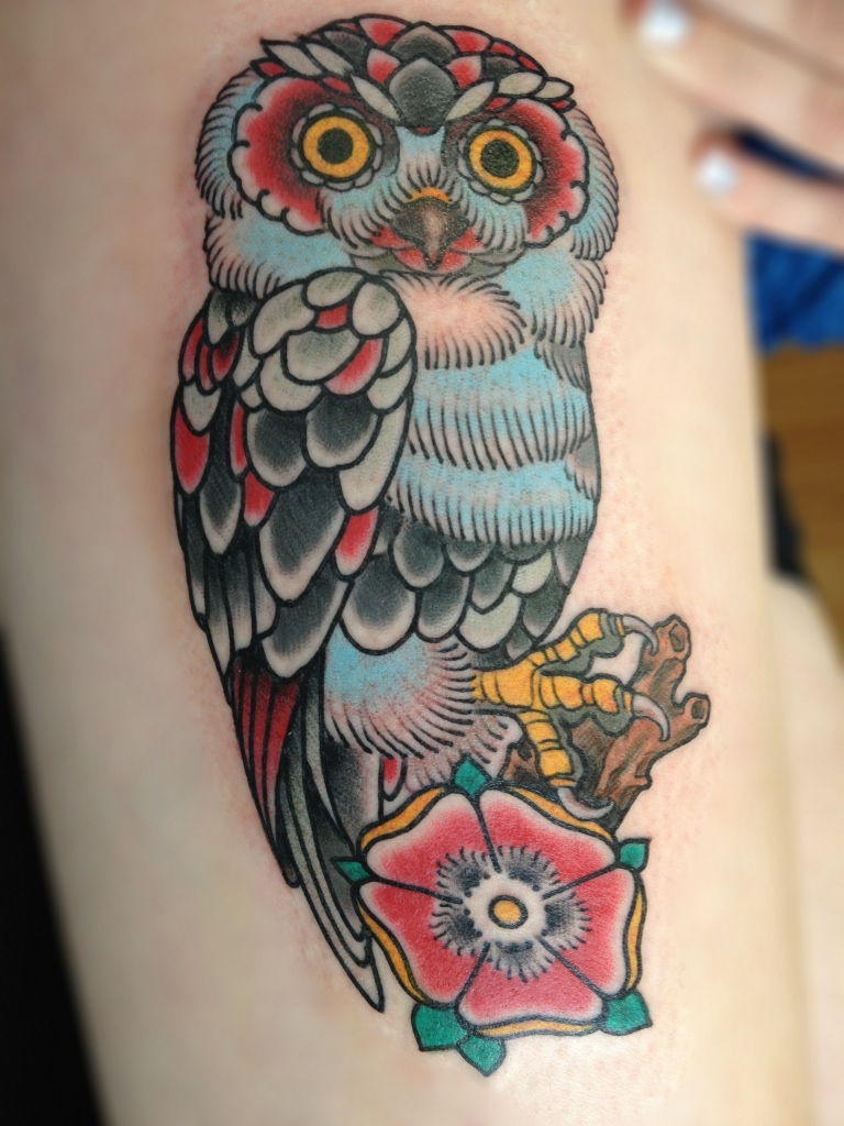 owl-and-flower-traditional-tattoos