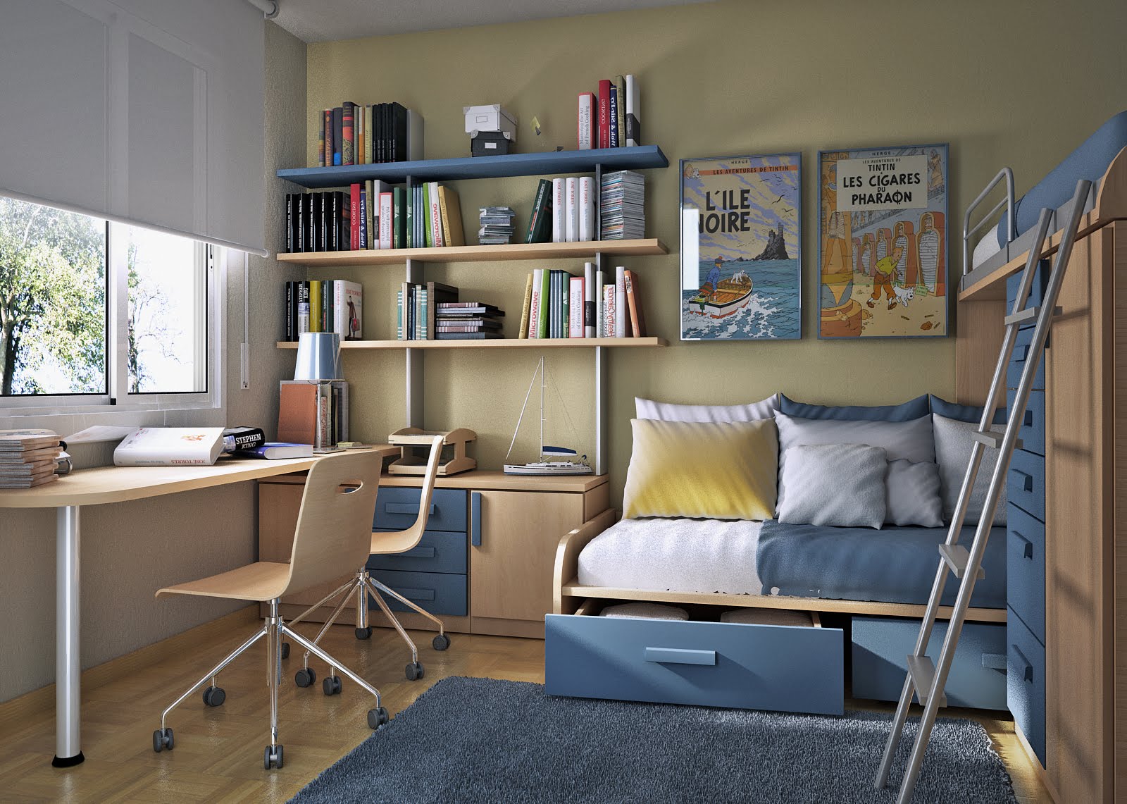 small-bedroom-furniture-ideas-also-awesome-bookshelves-design-plus-simple-workspace-with-swivel-side-chair-and-storage-idea-also-blue-color-interior-decorating