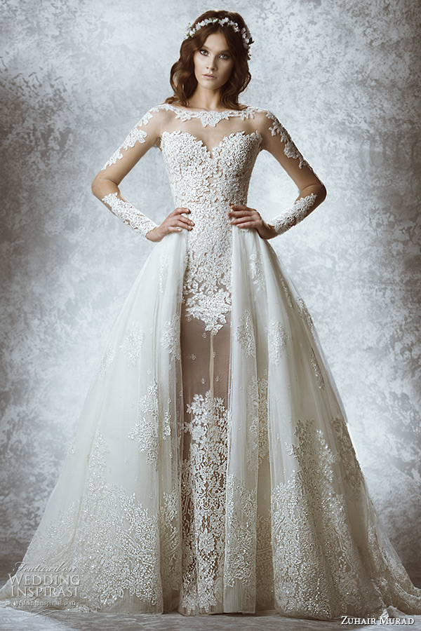 zuhair-murad-bridal-fall-2015-wedding-dress-illusion-long-sleeves-sheer-high-neck-sweetheart-neckline-leaft-flora-lace-embroidery-sheath-gown-with-overskirt-style-mia
