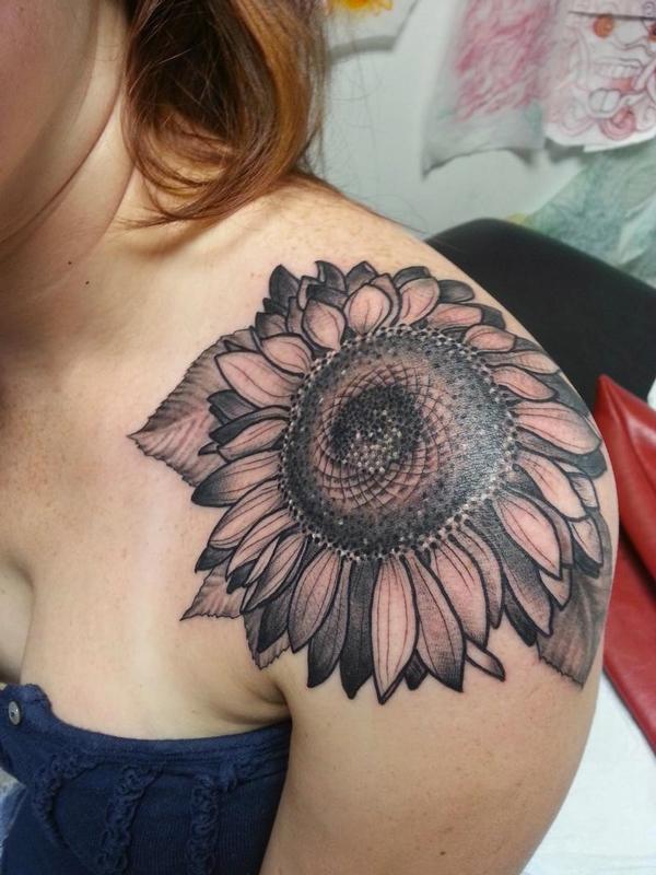 Black And Gray Sunflower Tattoo