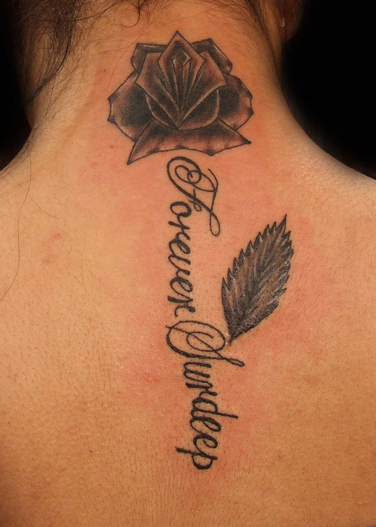 Black and Grey Rose and Name Tattoo