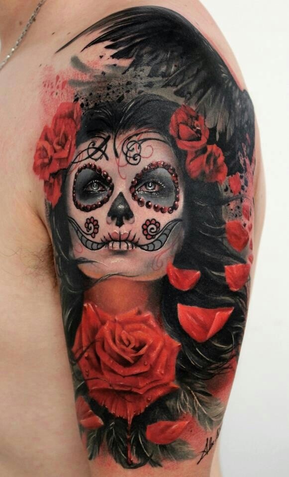 Black n red feathers roses day of the dead tattoo
