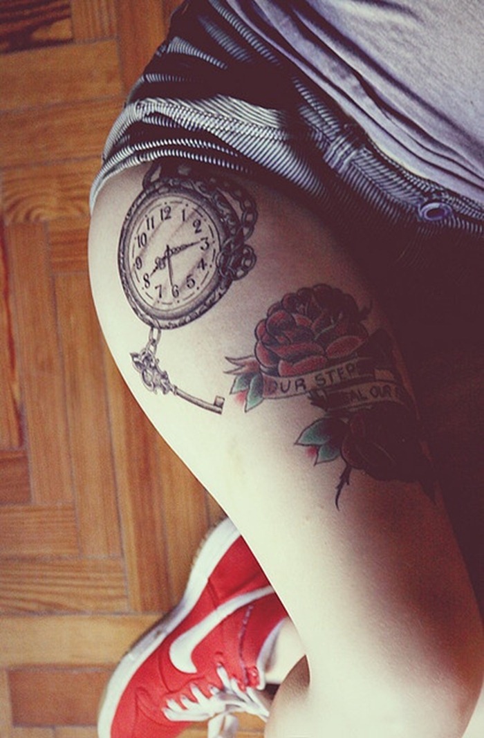 Clock-tattoo-leg-tattoo
