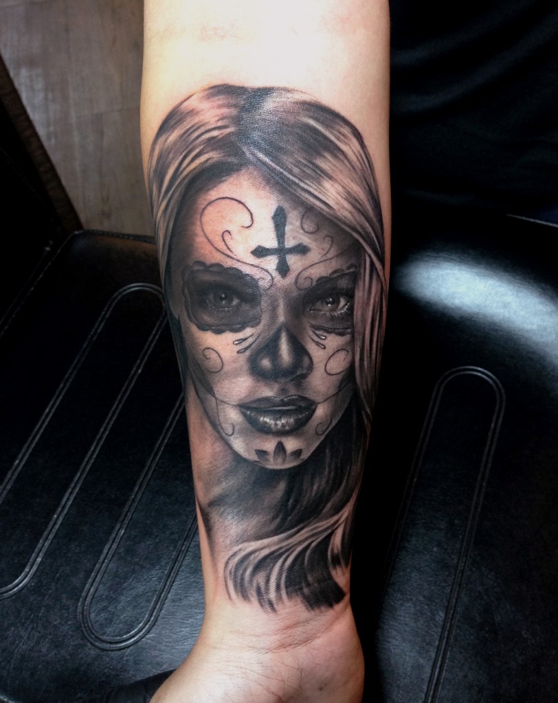 Forearm-black-and-grey-Day-of-the-Dead-tattoo