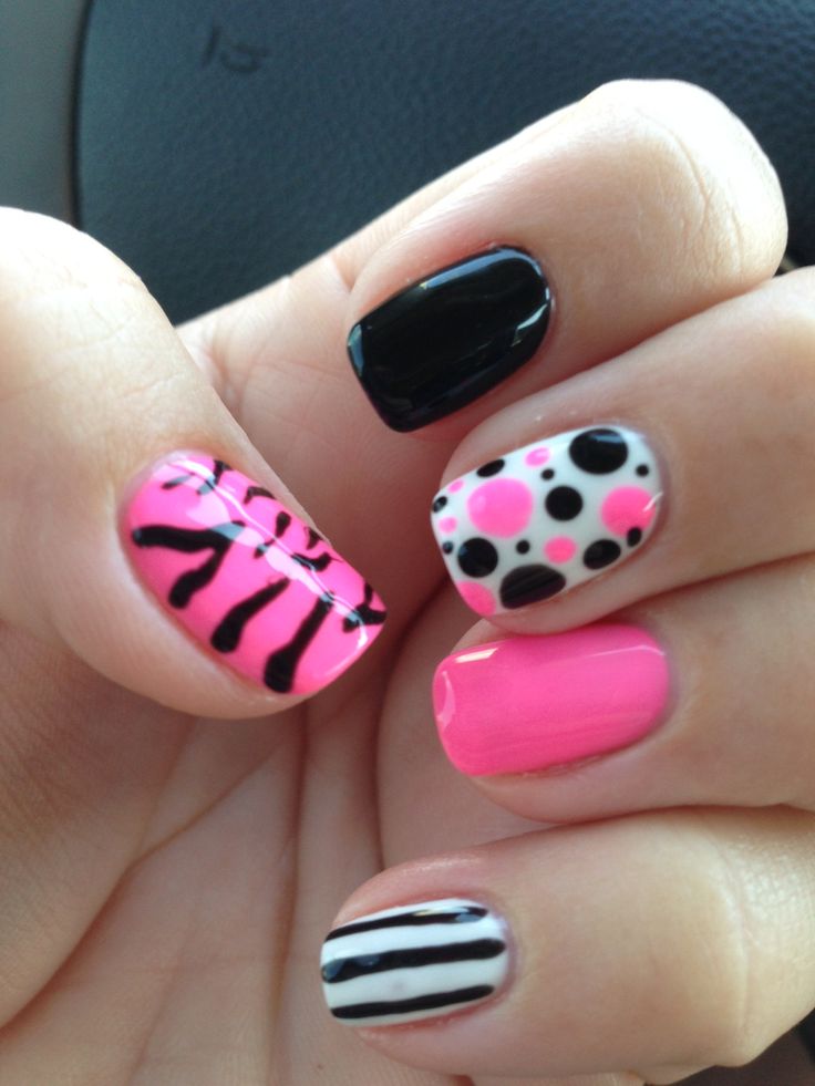 Gel Polish nail art hot pink, black, and white