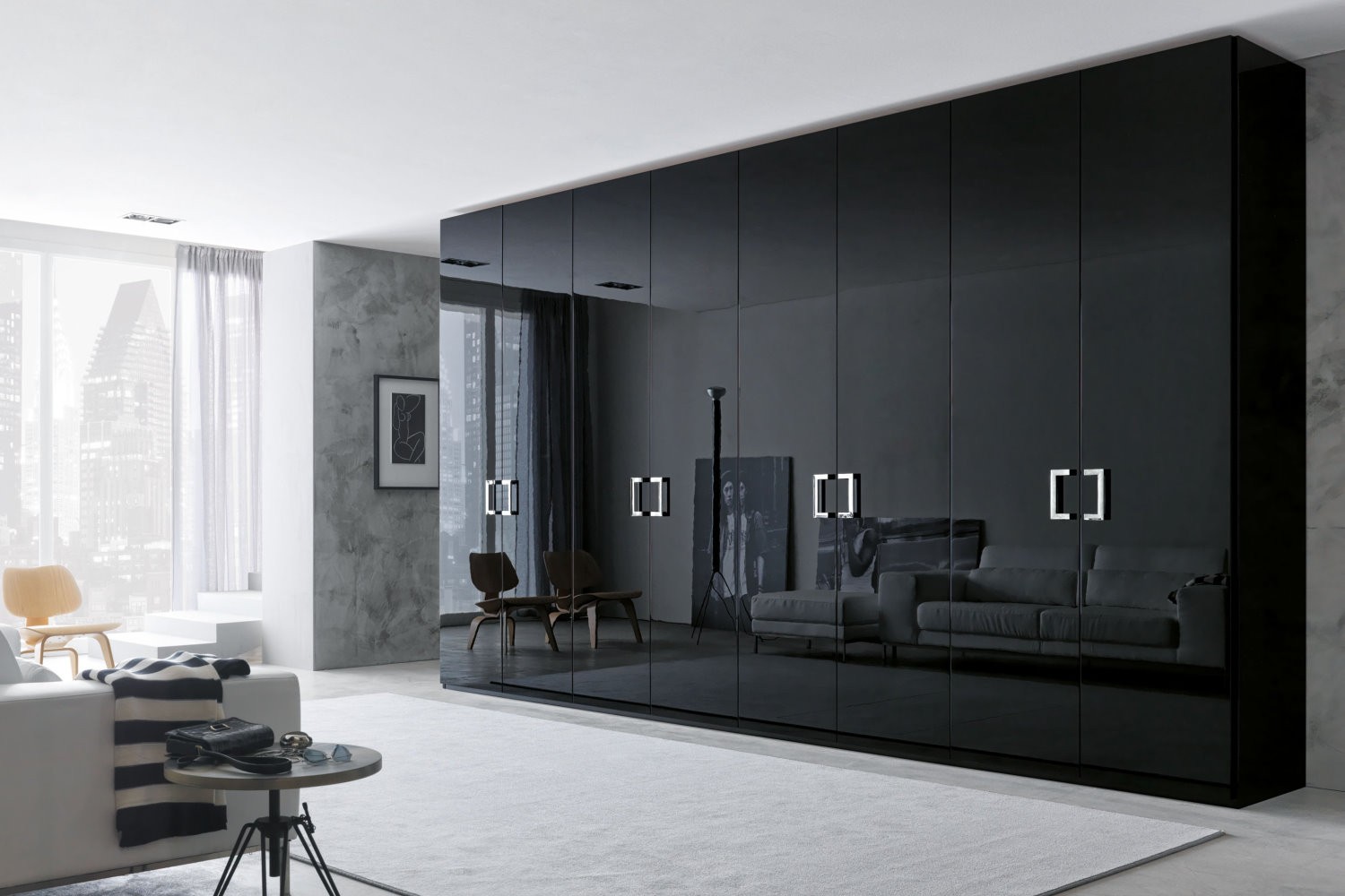 Latest-Stylish-Wardrobe-Design-2015-with-Modern-Black-Shine-Wardrobe-Design-Grey-Carpet-and-Minimalist-Table