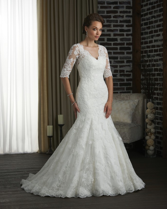 Mermaid Sexy V-Neck Half Sleeves Embroidery Lace Wedding Gown