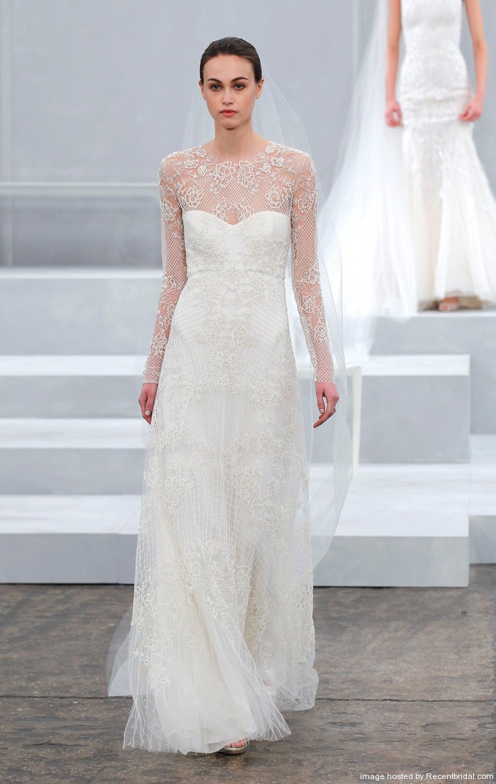 Monique-Lhuillier-Spring-2015-long-sleeve-floral-lattice-A-line-bridal-dress