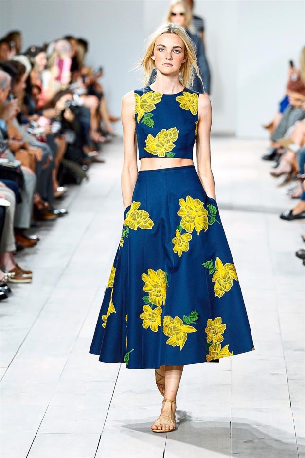 Navy crop top with full midi skirt with yellow floral embroidery 2015