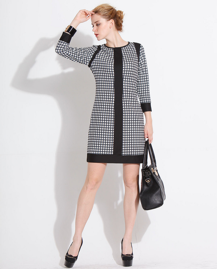Women's Round Neck Three-quarter Sleeve Houndstooth Pattern Dresses Casual Dress