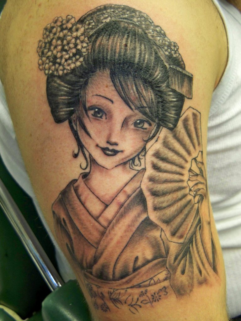 best-grey-ink-geisha-tattoo-on-man-right-half-sleeve