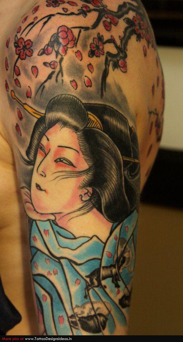 colored-geisha-tattoo-on-left-half-sleeve-for-men