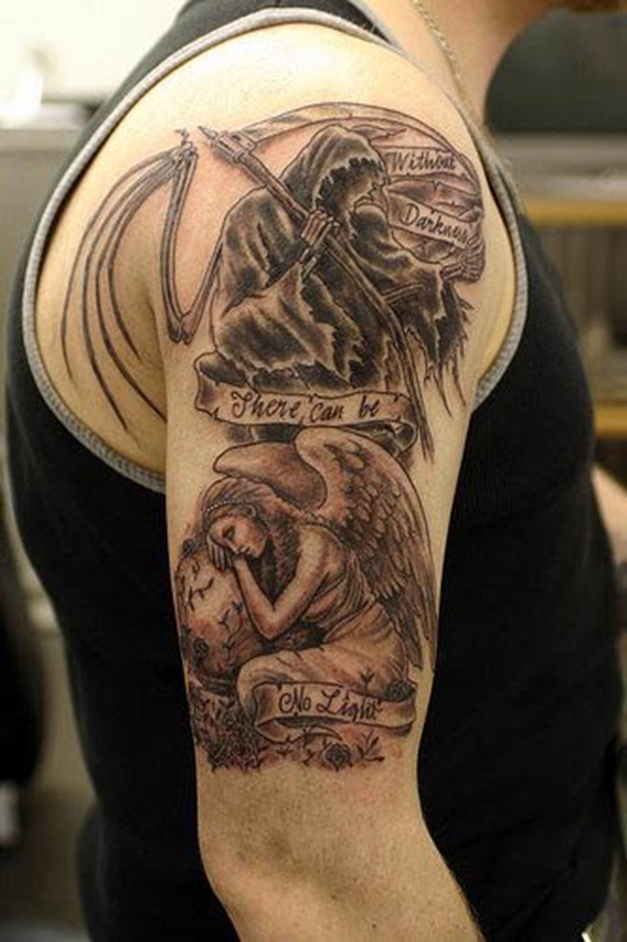 grim-reaper-and-angel-grey-ink-tattoo-on-half-sleeve