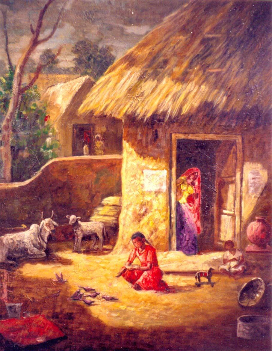 villages_india_paintings_nature_hut_street_agriculture_farmers
