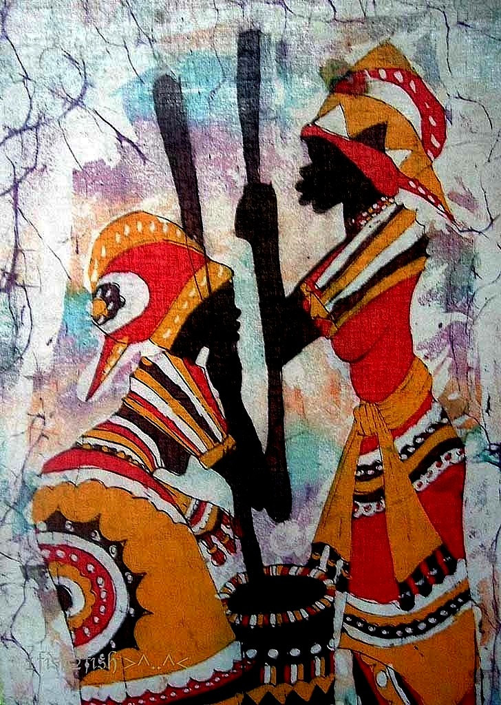 African Vintage Batik Painting Women Art Prepare Food by WitSister
