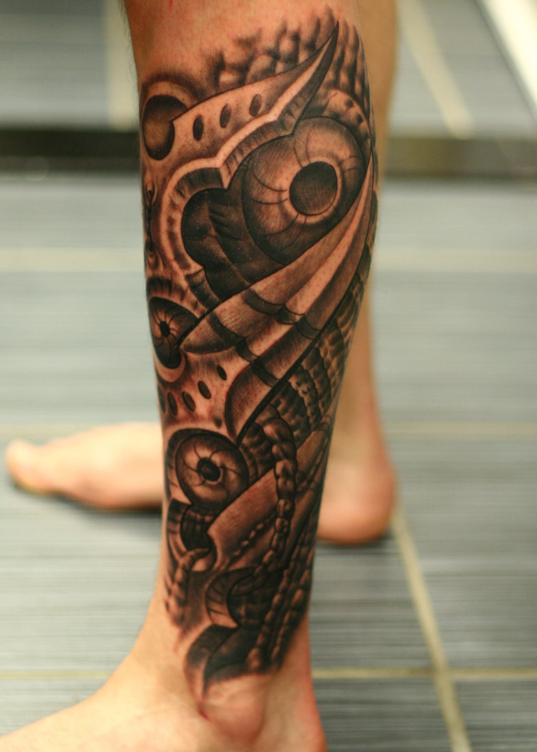 Amazing Biomechanical Tattoo On Leg
