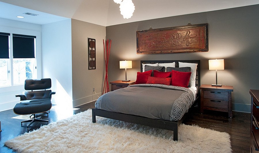 Asian inspired bedroom in gray and red