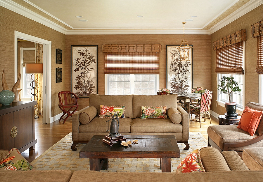 Asian-inspired-living-room-has-a-tranquil-organic-appeal-With-Brown-Sofa-Also-Wooden-Table-And-Windows-And-Door-And-Picture-Frame-Also-Fas-FLower-And-Laminate-Flooring-And-Carpet-Ideas