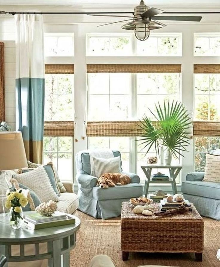 Beach Themed Living Room Ideas With Basket Weave Coffee Table And Bamboo Shades And Ceiling Fan