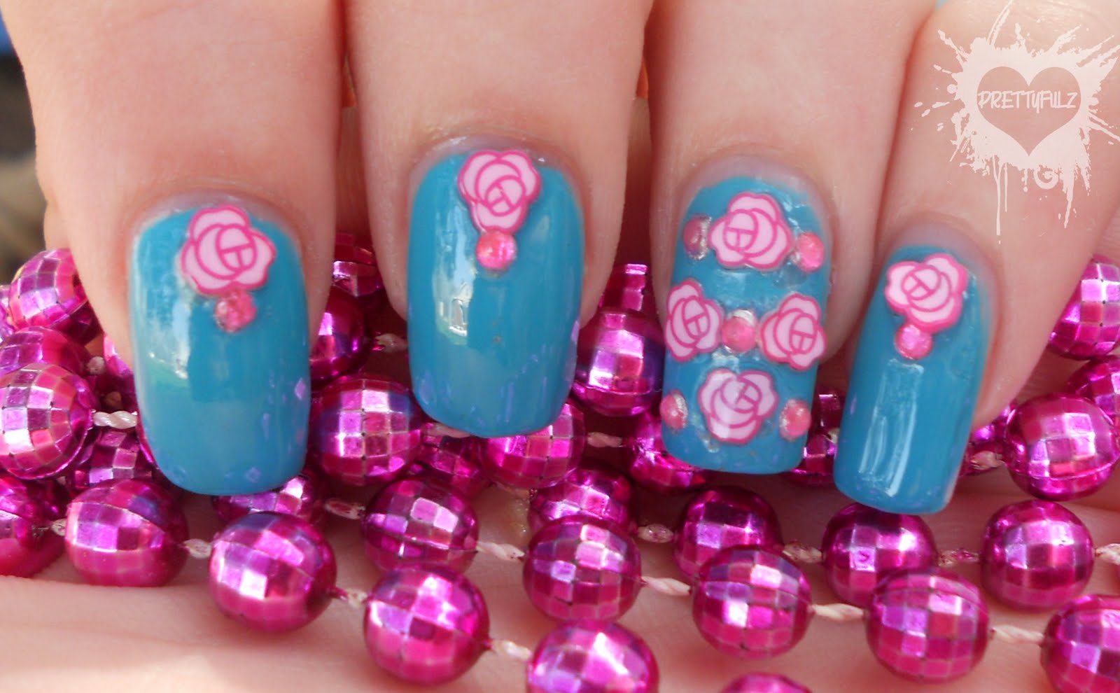 Blue & Pink Flowers Nail Design