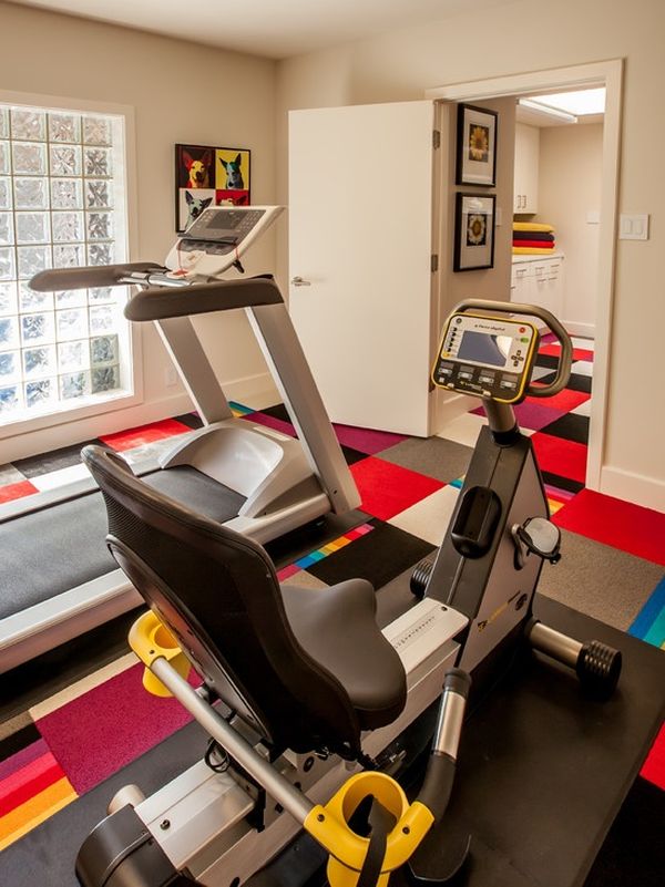 Colorful flooring brings the small home gym alive