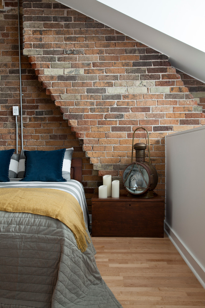 Comely Brick Walls home interior design Industrial Bedroom Toronto home