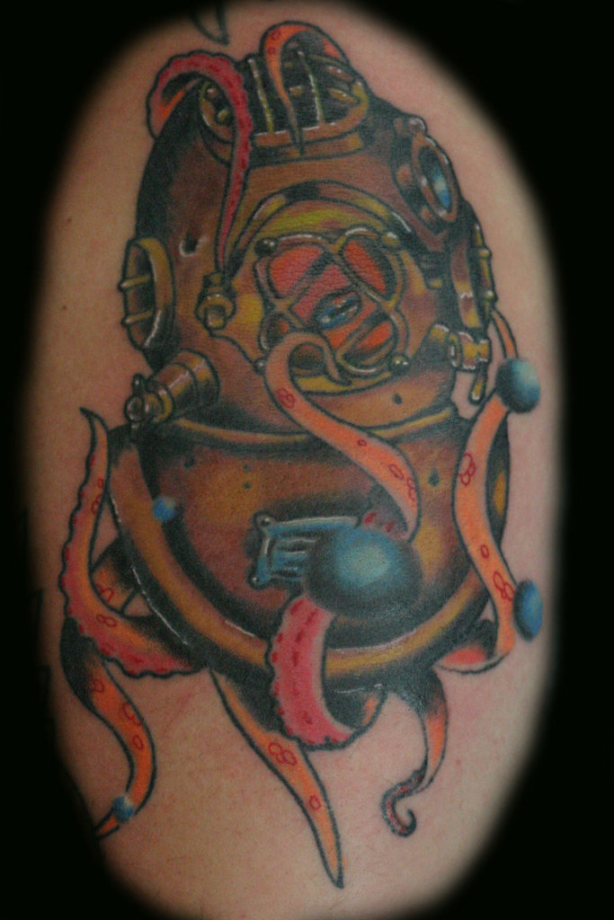 Dive helmet octopus traditional tattoo