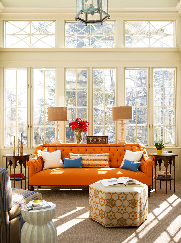 Extraordinary Orange Upholstery Sofa Plus Hexagon Ottoman Coffee Table And Asian Pendant Light For Eclectic Living Room