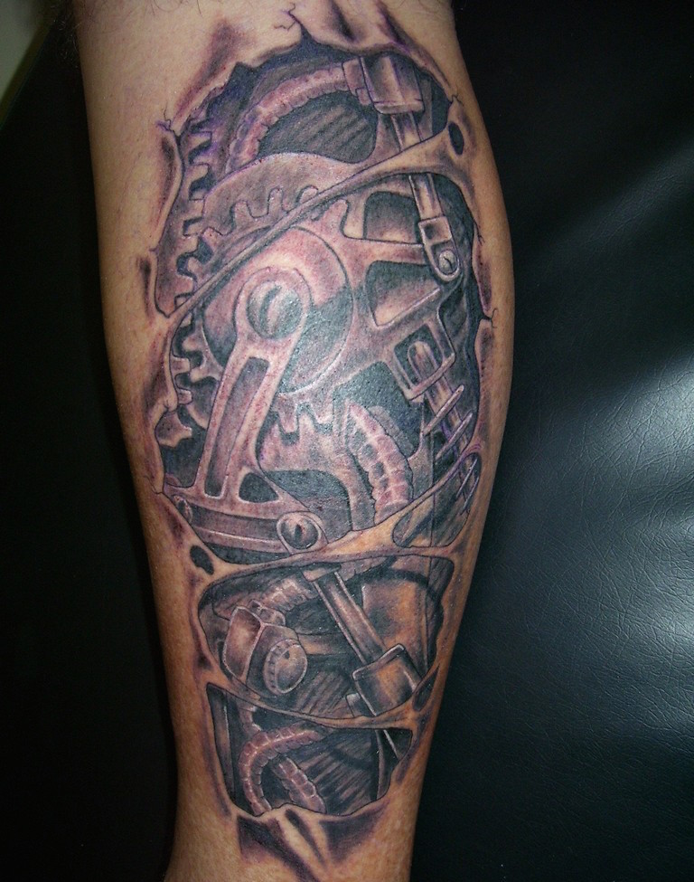 Grey Ink Biomechanical Tattoo On Leg For Men