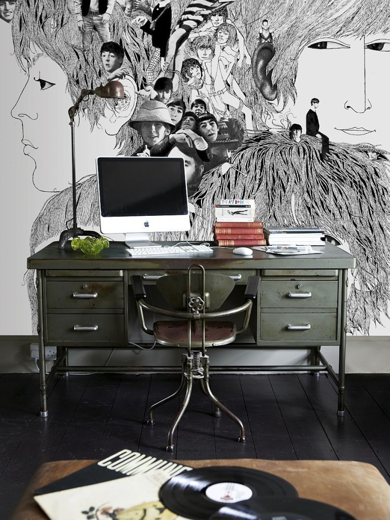 Home-Office-Industrial-Decor-with-Beatles-Wall-Mural-and-Classic-Desk-with-Industrial-Table-Lamp-and-Steampunk-Work-Chair